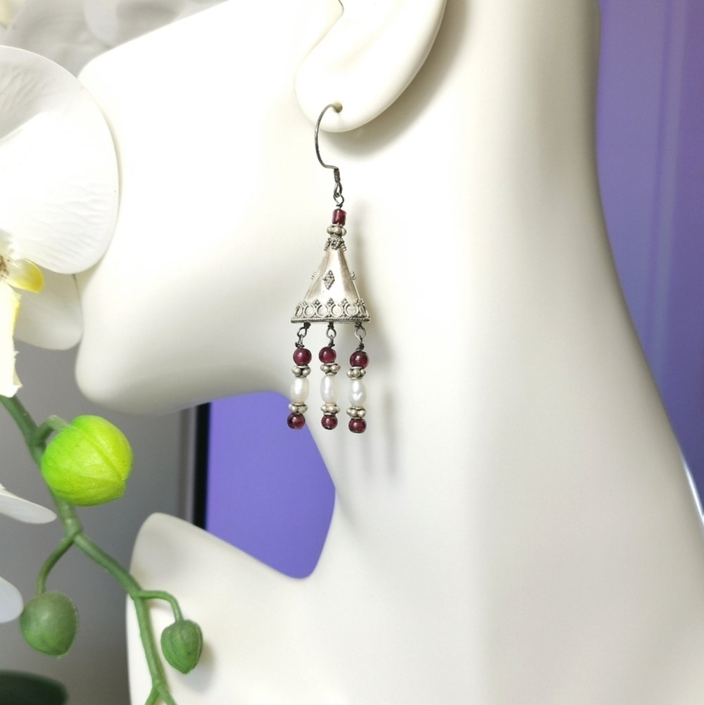 Vintage Tribal Garnet Pearl dangle drop earrings Sterling Silver